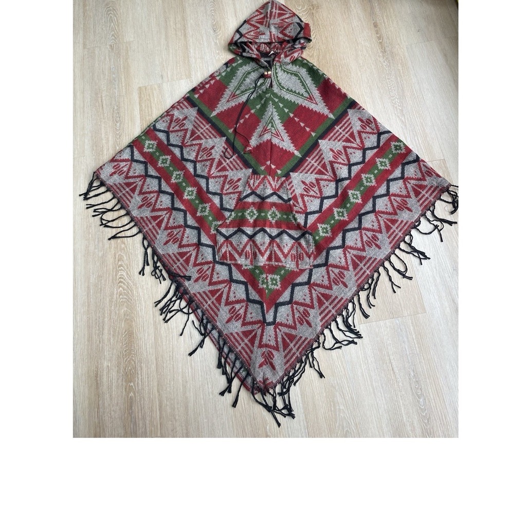 Vintage 100% Wool Hooded Poncho Geometric Southwestern Fringe Cape Made In Nepal